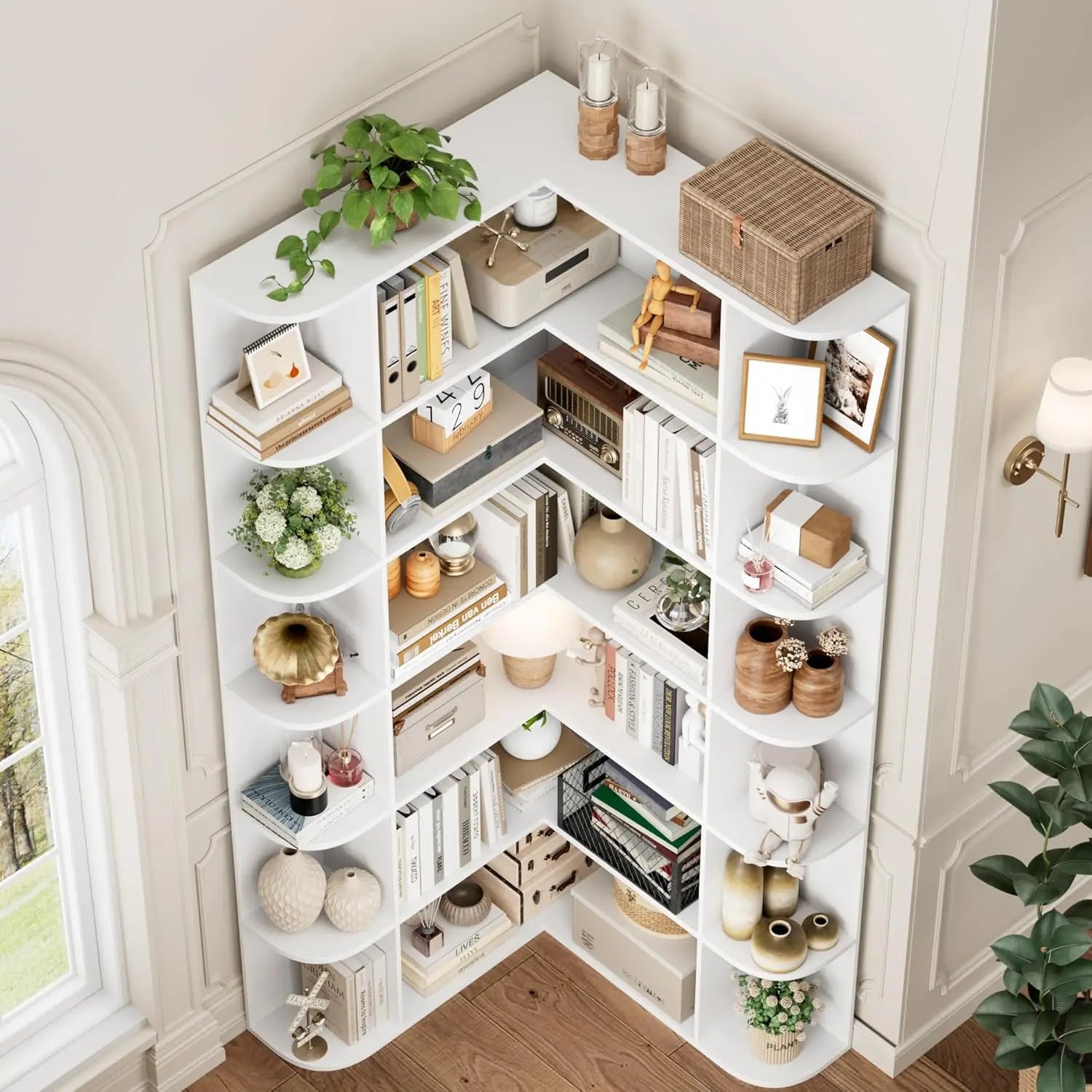 74” Tall Corner Bookshelf, 6-Tier Bookshelf and Bookcase with Open Storage, L Shaped Tall Bookcases Wooden Storage, Customized