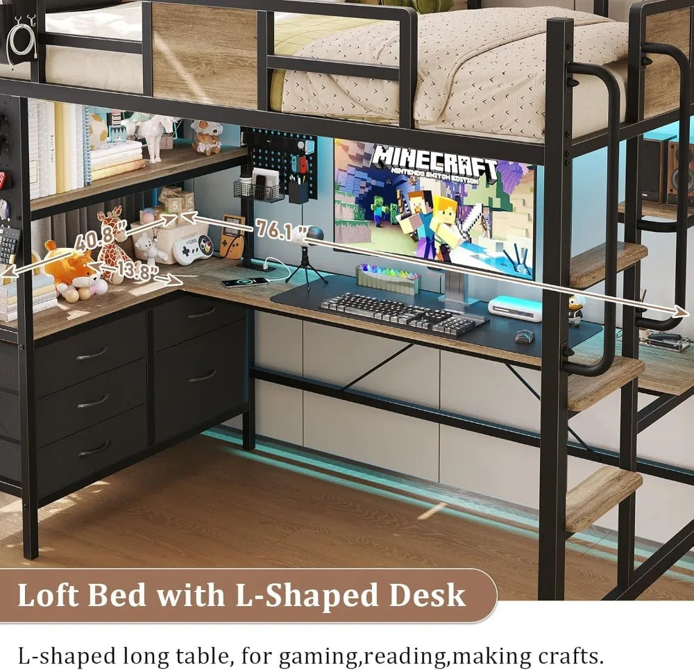 Twin Loft Bed with Desk, RGB LED Lights, Charging Station & Storage Drawers