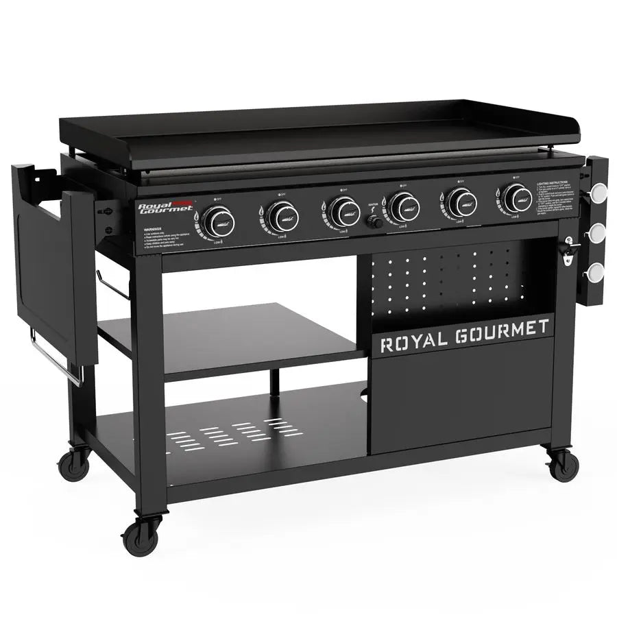 Gas Griddle Grill w/ Folding Tables, 6-Burner Double Bottom Shelves
