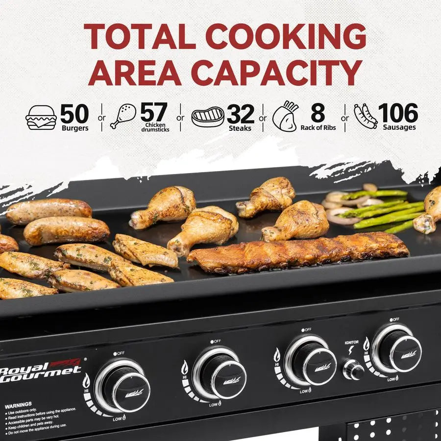 Gas Griddle Grill w/ Folding Tables, 6-Burner Double Bottom Shelves