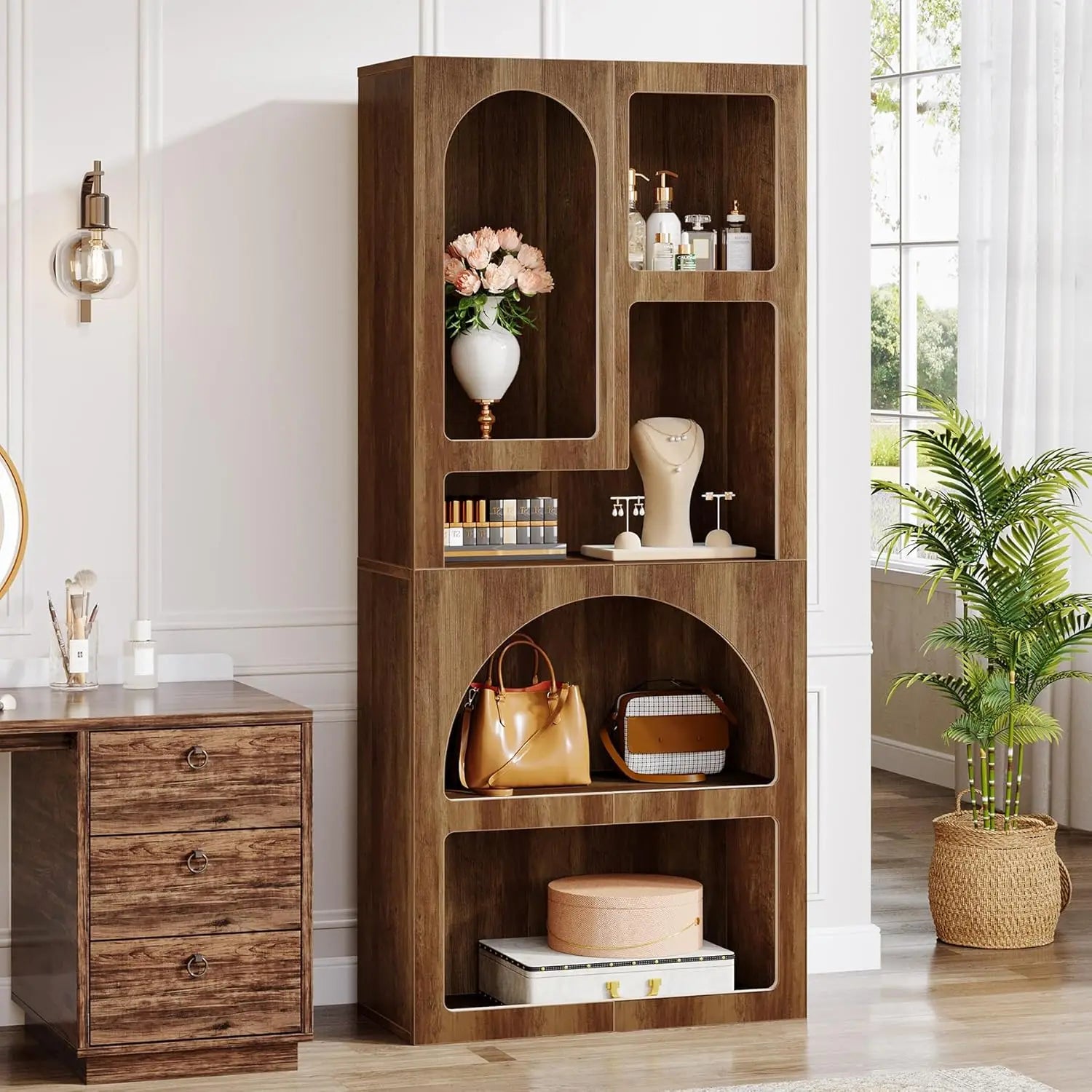 70.87" Tall Geometric Bookshelf, White Arched Bookcase with 5 Irregular Storage Shelves,Free-Standing for Living Room, Bedroom