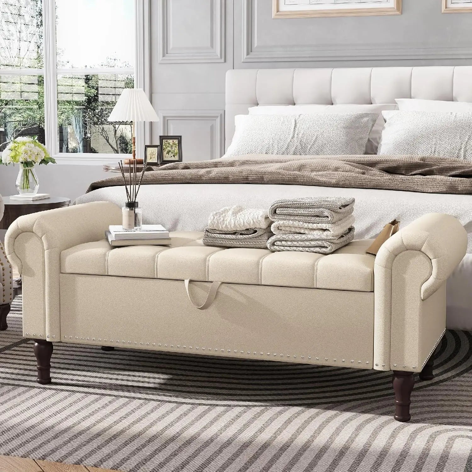 51” Bench with Storage, Upholstered Tufted Button Bedroom Bench with Storage, Faux Leather End of Bed Bench with, Customized