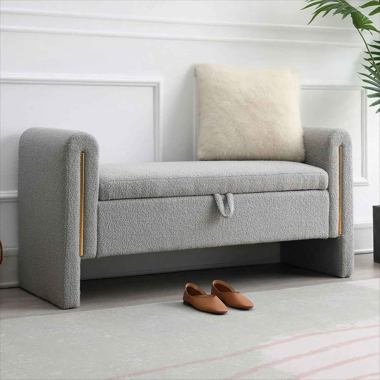 Modern 52" Storage Ottoman Bench, Upholstered End of Bed Storage Bench with Armrests, Entryway Bench, Teddy Foot, Customized