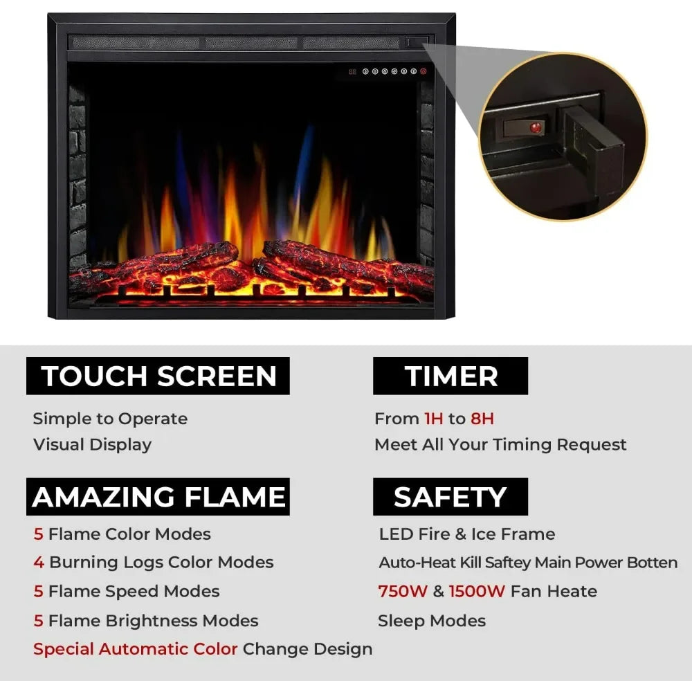 36-inch Electric Fireplace Insert with Recessed Stove Heater, Touchscreen Controls, Remote Operation, Adjustable 750W