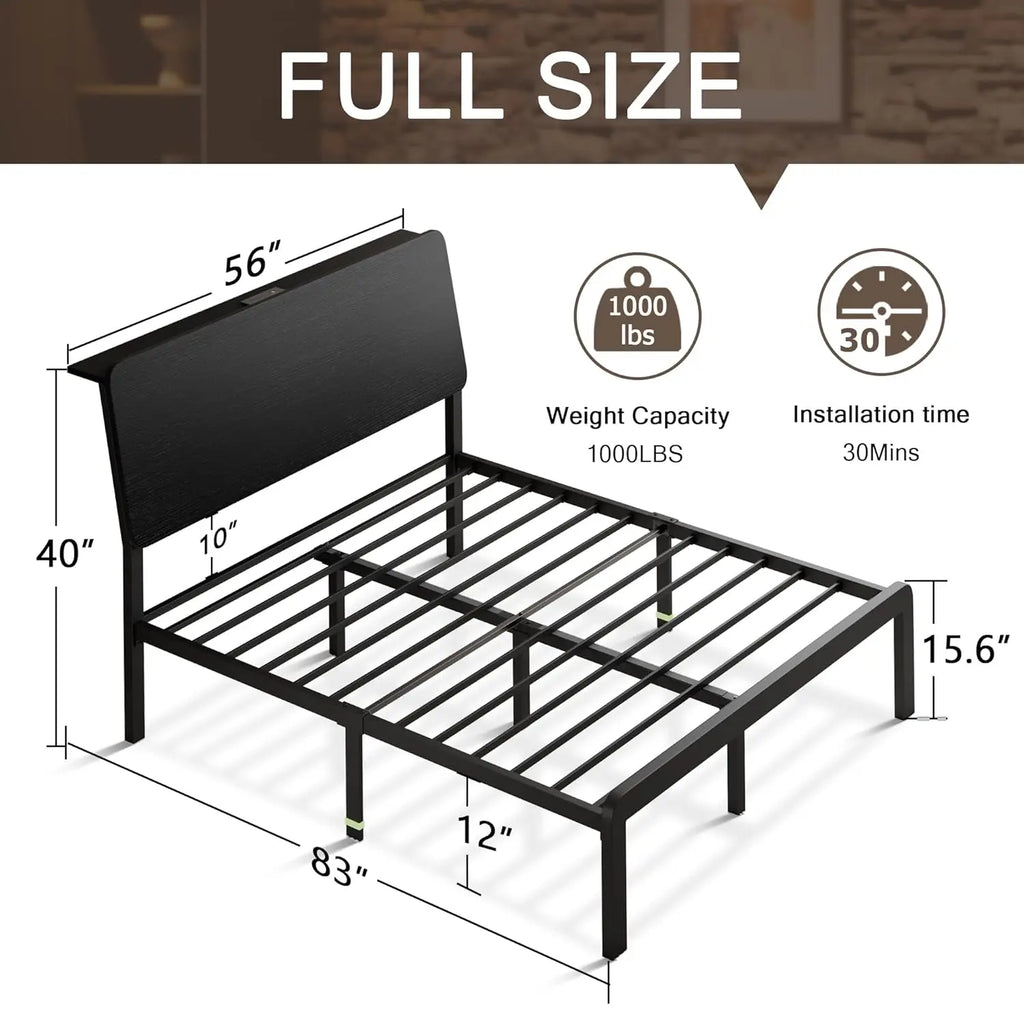 Full Bed Frame with Ergonomic Wooden Storage Headboard, LED Bed Frame with Charging Station, 12" UnderBed Storage,, Customized