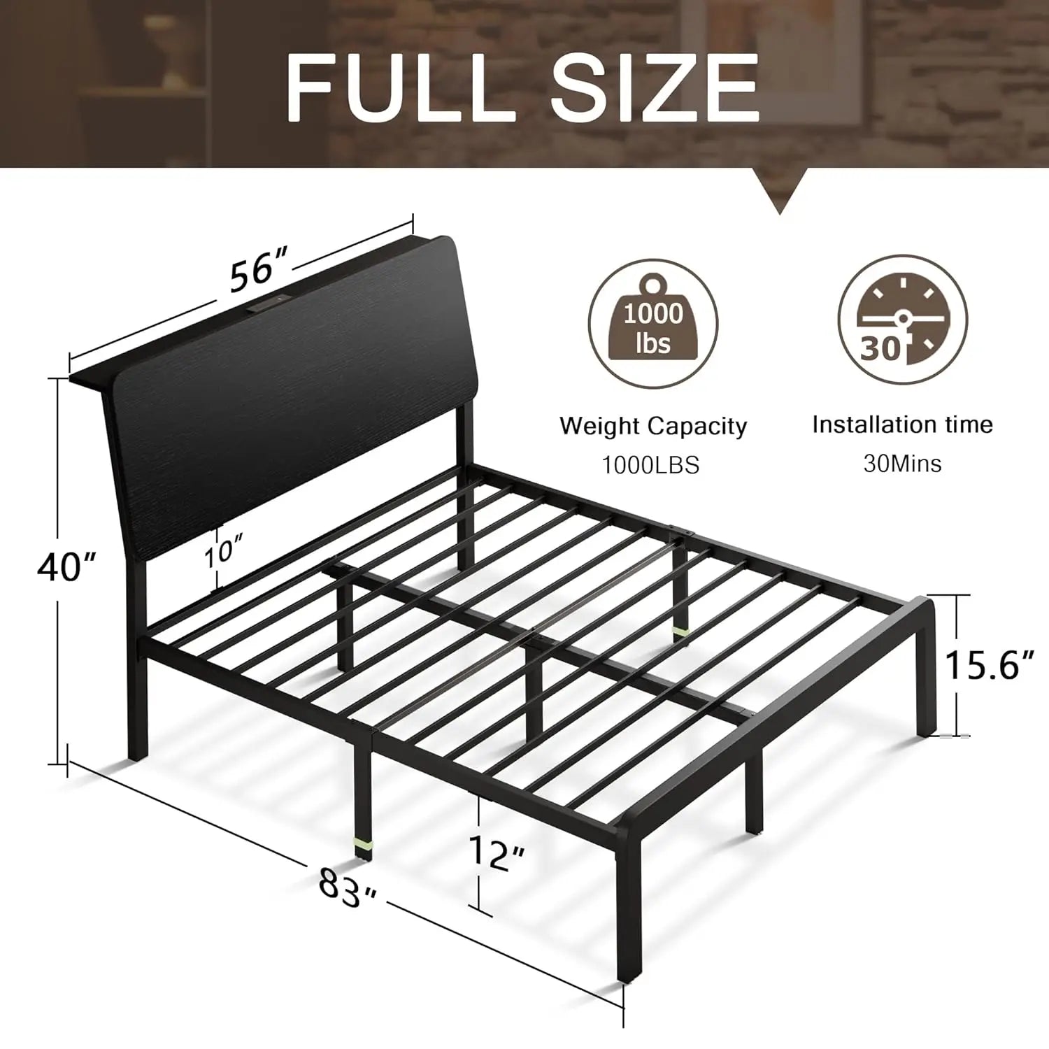 Full Bed Frame with Ergonomic Wooden Storage Headboard, LED Bed Frame with Charging Station, 12" UnderBed Storage,, Customized