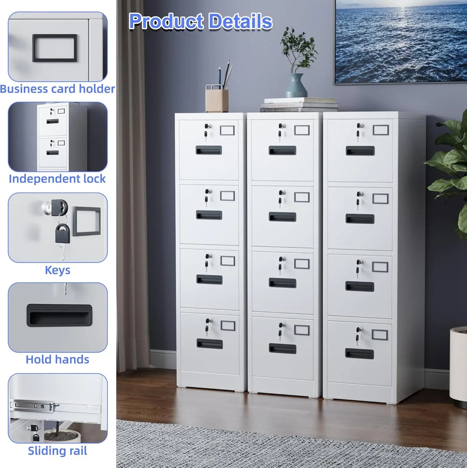 Metal Vertical File Storage Cabinet with 4 Drawer and 4 Lock, with Name Card Holder for A4 Letter/Legal size