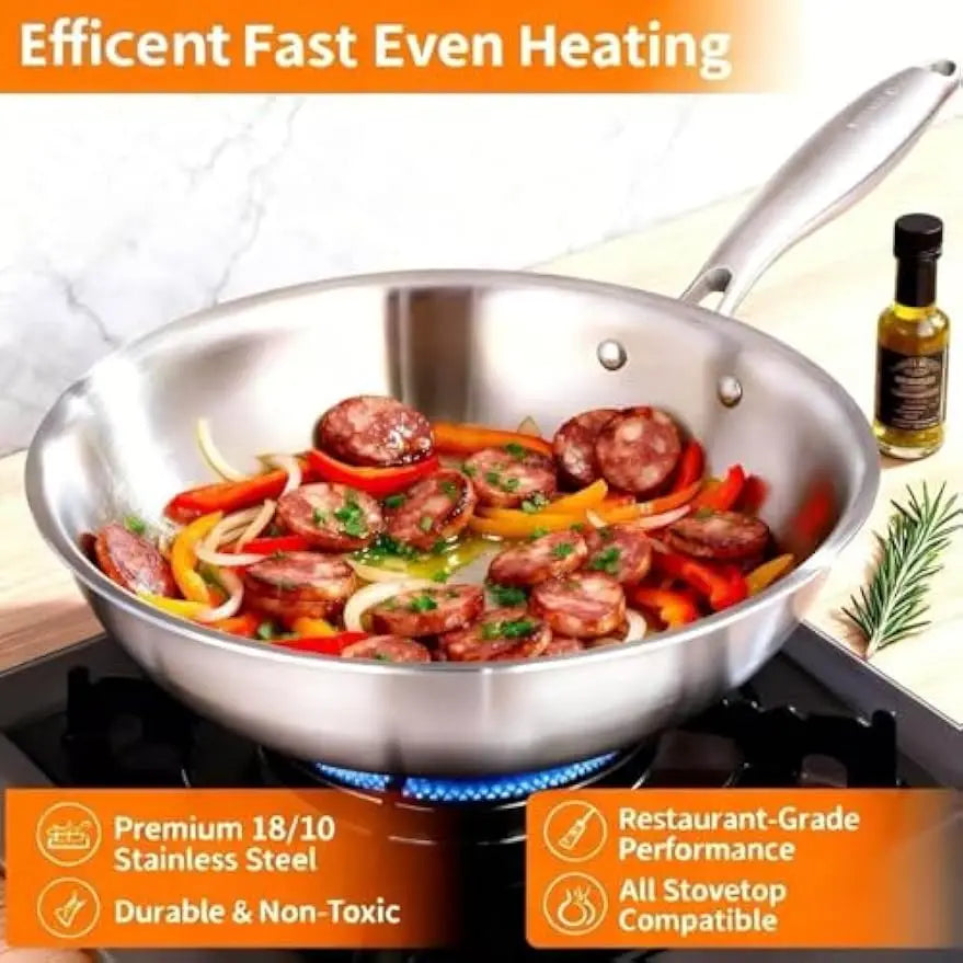 Wok w/ Glass Lid, 12-In Stainless Steel Induction Compatible, Oven Safe