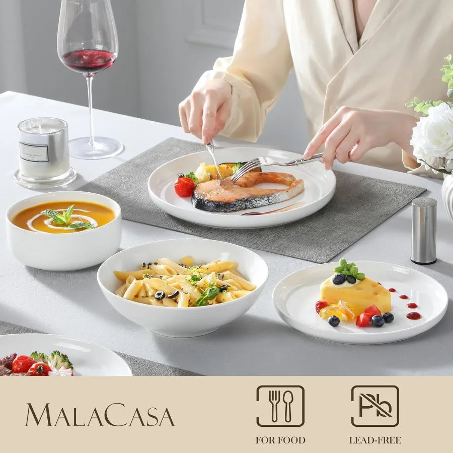 MALACASA Plates and Bowls Sets 24 Pieces Modern Porcelain Dinnerware Set for 6 Ceramic Dishware Dishes White Kitchen Dinner Din