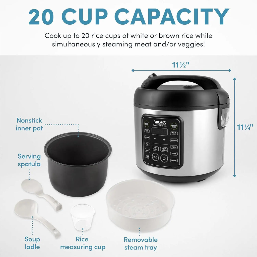 Rice Cooker w/ Steamer Slow Cooker, 20-Cup Stainless, Non-stick