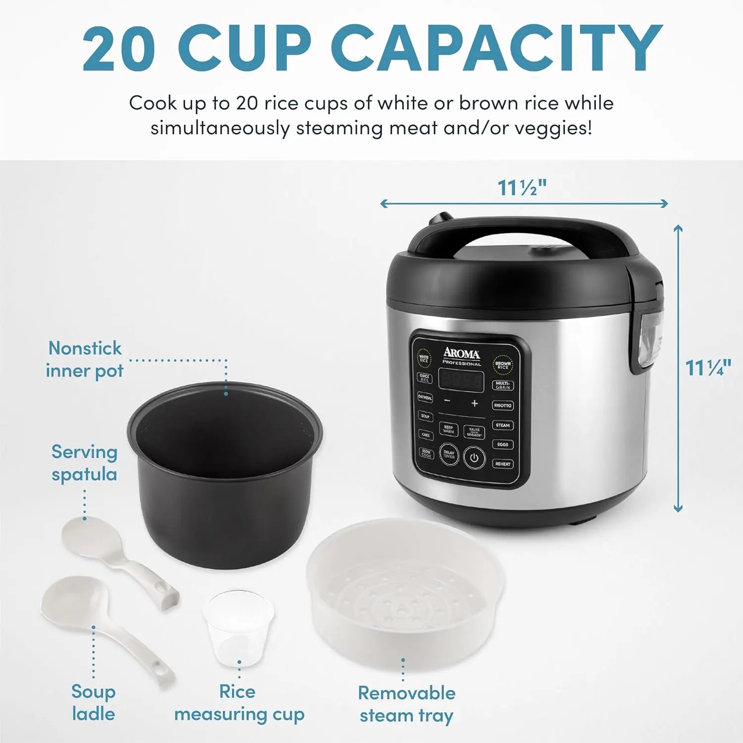 Rice Cooker w/ Steamer Slow Cooker, 20-Cup Stainless, Non-stick
