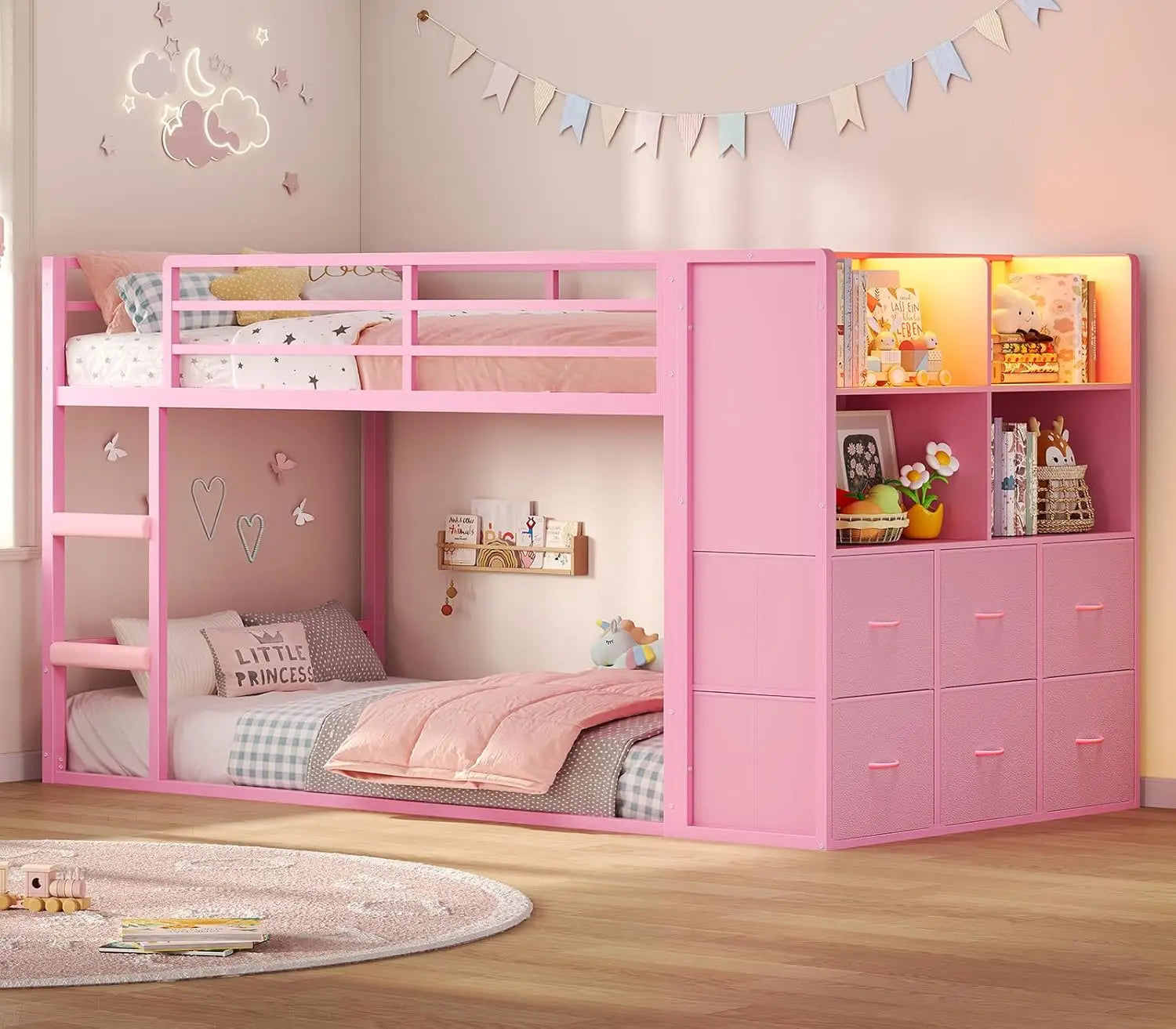 Bunk Bed Twin Over Twin with 6 Large Fabric Drawers & 4 Wooden Storage Bookshelf Organizer, Metal Low Bunk Bed for, Customized