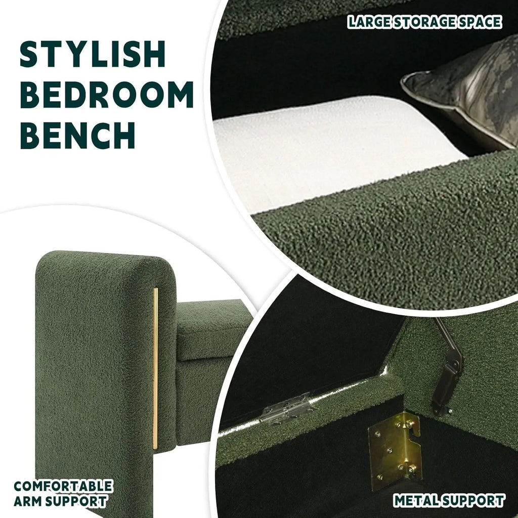Modern 52" Storage Ottoman Bench, Upholstered End of Bed Storage Bench with Armrests, Entryway Bench, Teddy Foot, Customized
