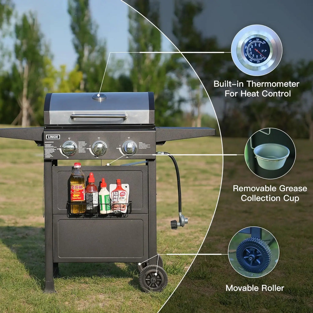 gas grills propane 3-Burner Propane Grill, Gas Grill with front hanging basket, Asadores De Gas.30000 BTU barbecue, Customized