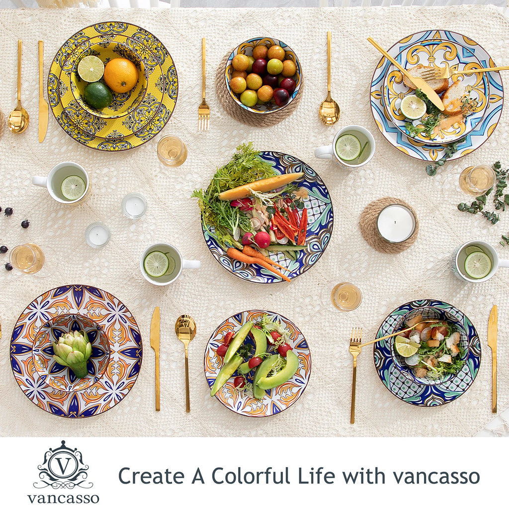 VANCASSO 16/32/48-Piece Jasmin Pattern Porcelain Tableware Dinnerware Dinner Set with Dinner Plate,Dessert Plate,Bowl,Mug Set