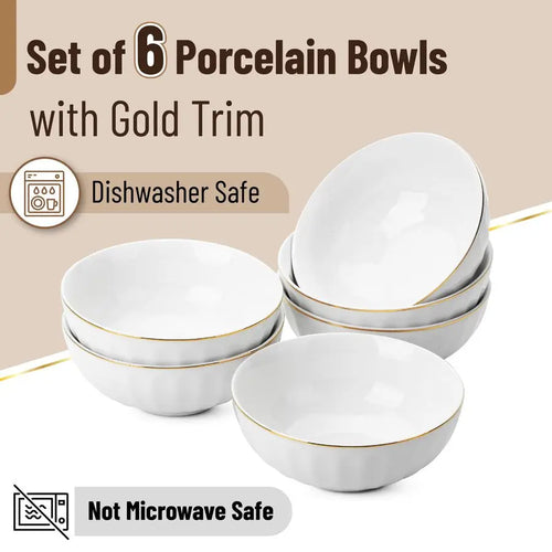 Bowls w/ Gold Trim, Set of 6, White Porcelain