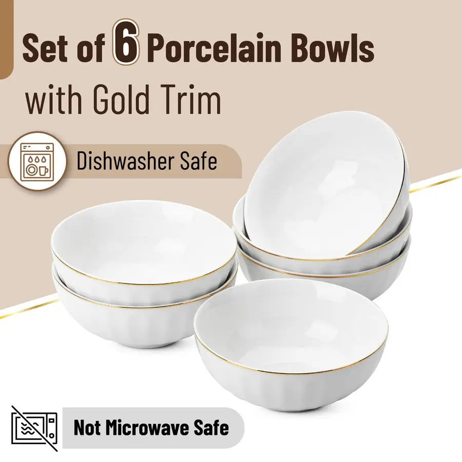 Bowls w/ Gold Trim, Set of 6, White Porcelain