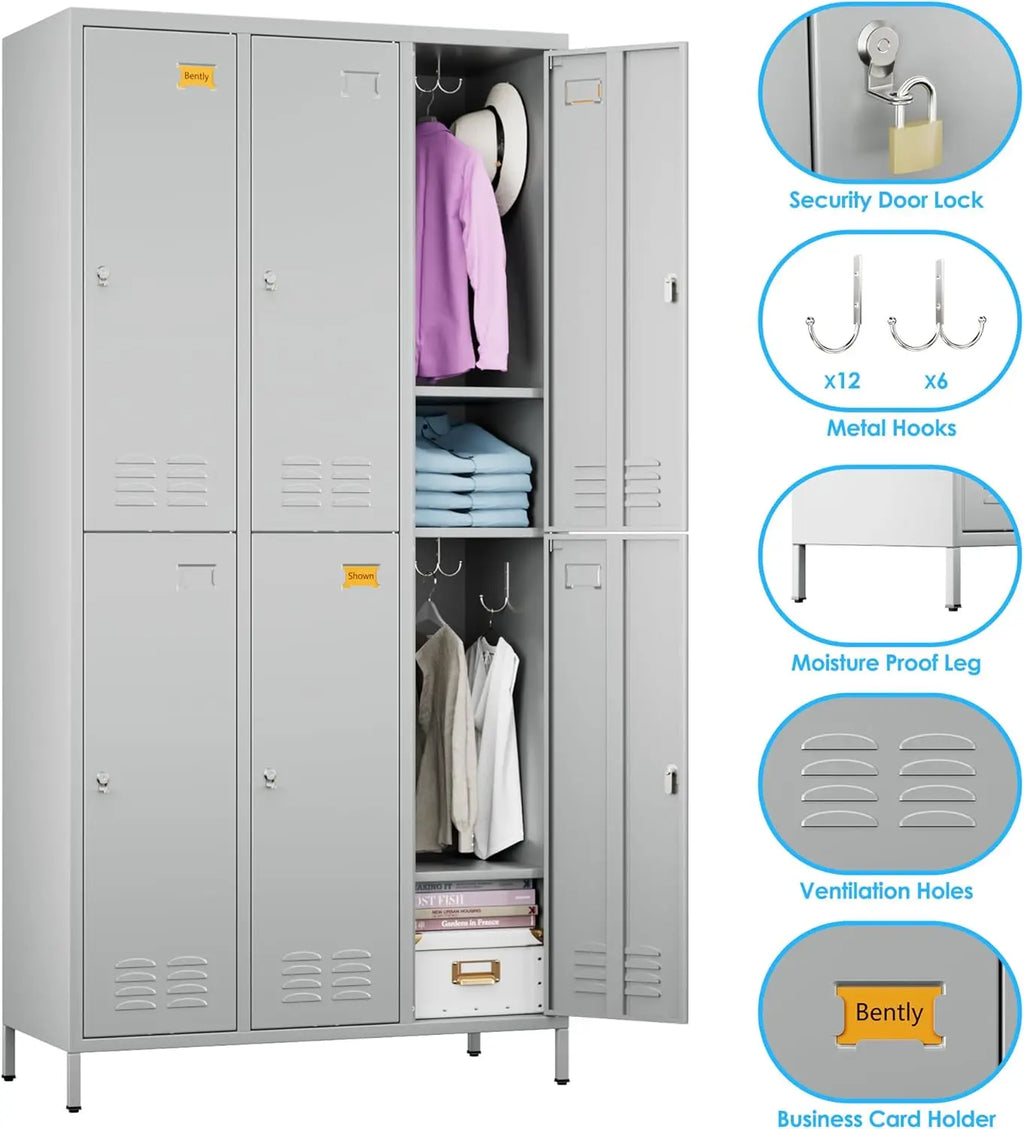 6 metal employee storage cabinets, equipped with 12 hooks, suitable for schools, gyms, bedrooms. Available in three colors.
