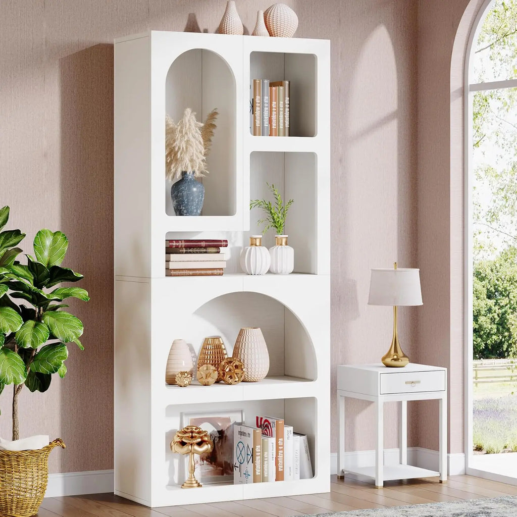 70.87" Tall Geometric Bookshelf, White Arched Bookcase with 5 Irregular Storage Shelves,Free-Standing for Living Room, Bedroom