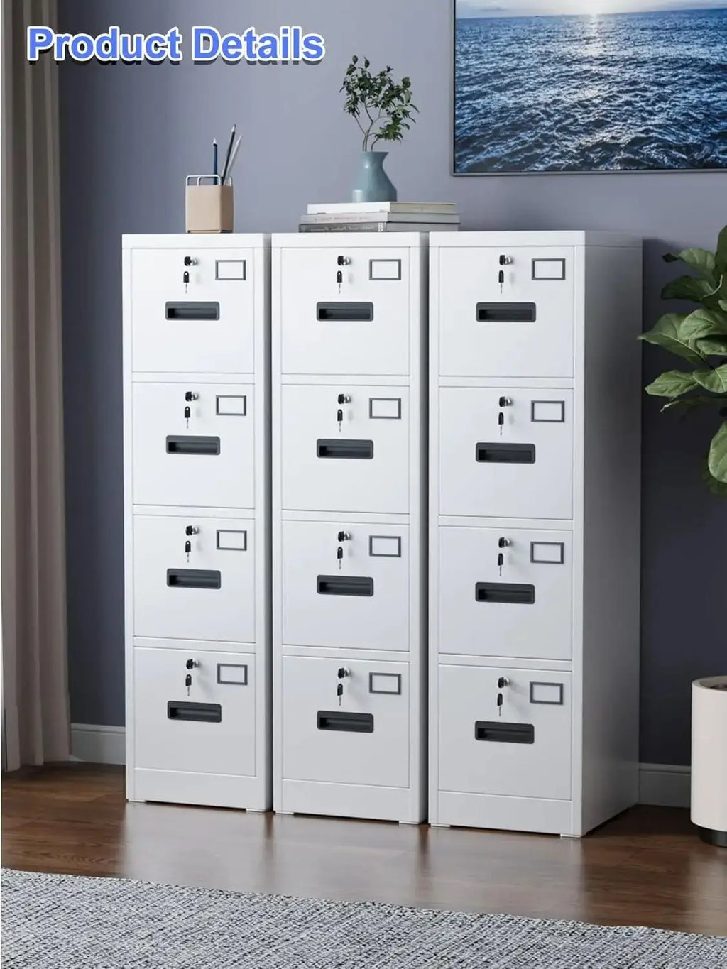 Metal Vertical File Storage Cabinet with 4 Drawer and 4 Lock, with Name Card Holder for A4 Letter/Legal size