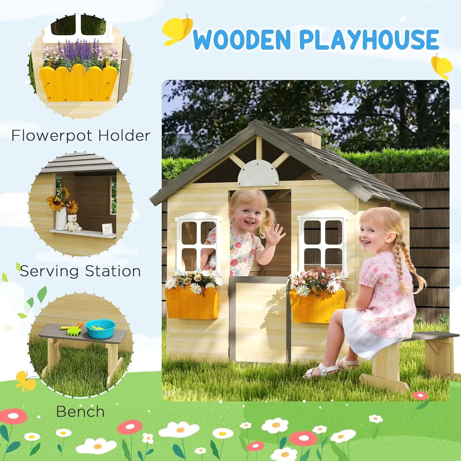 Wooden Playhouse for Kids Outdoor Garden Pretend Play Games, Adventures Cottage, with Working Door, Windows, Bench,, Customized