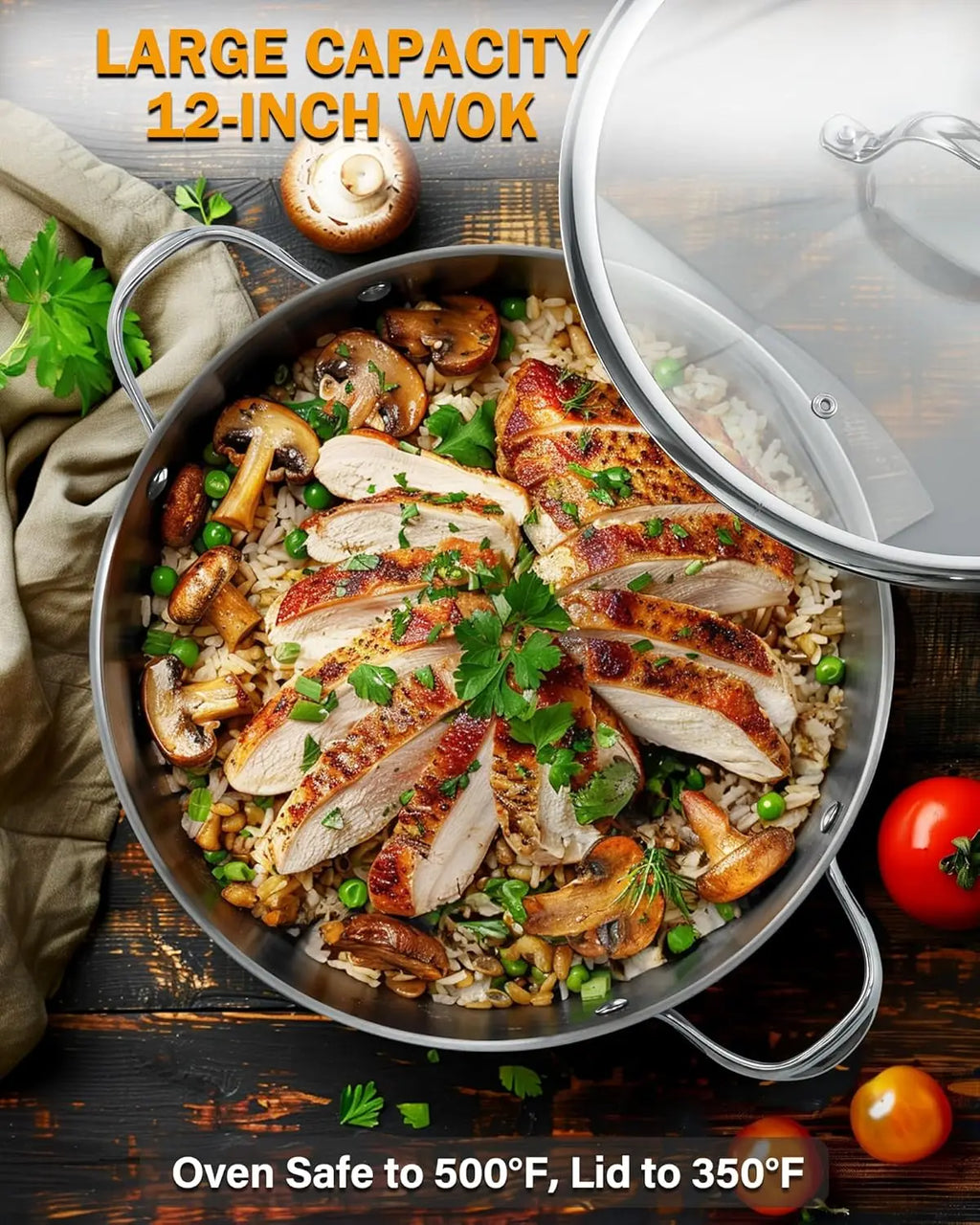 Wok w/ Glass Lid, 12-inch Stainless Steel Induction Compatible