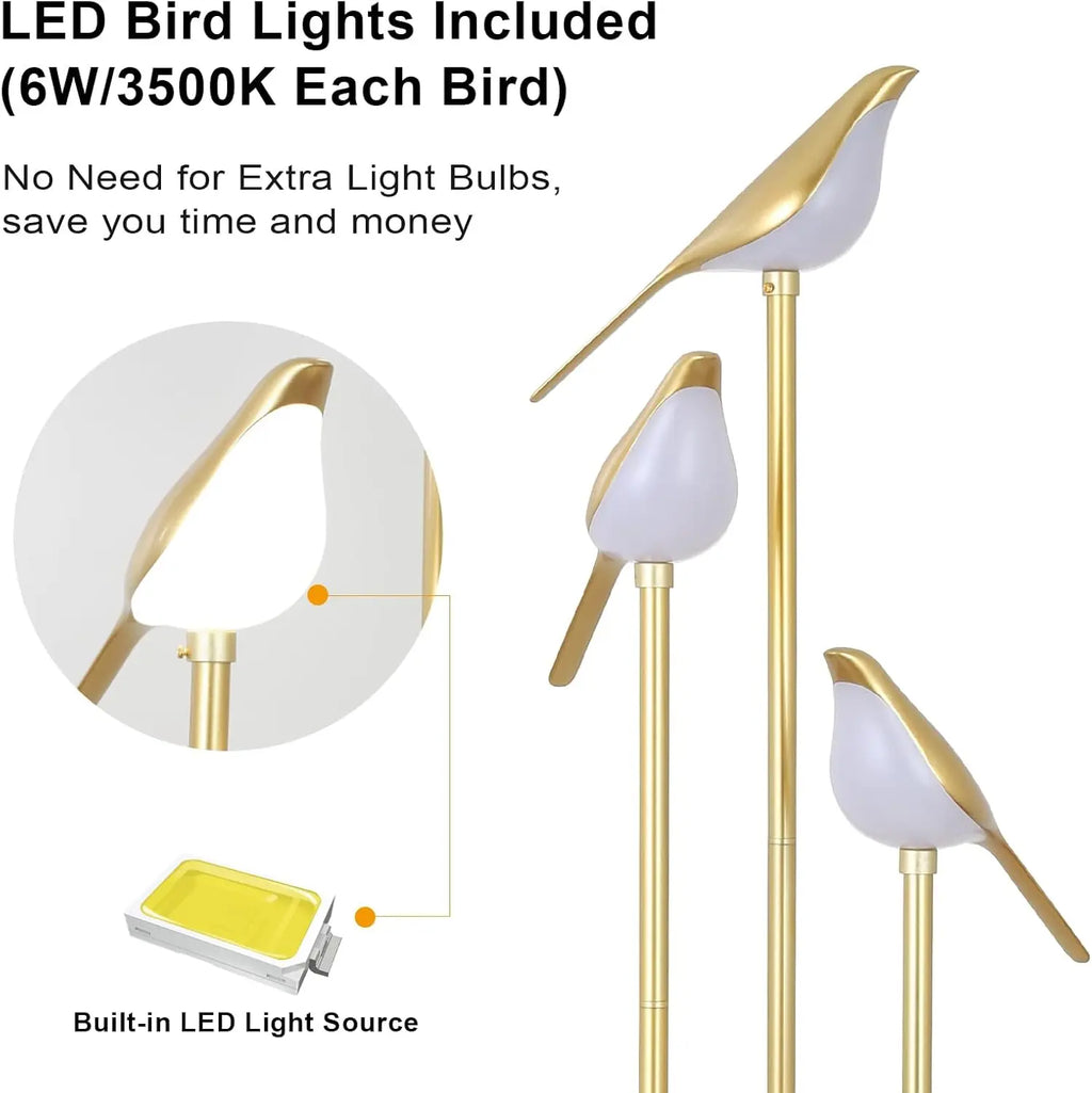 Floor Lamp w/ LED Bird Lights Wood Shelf Gold