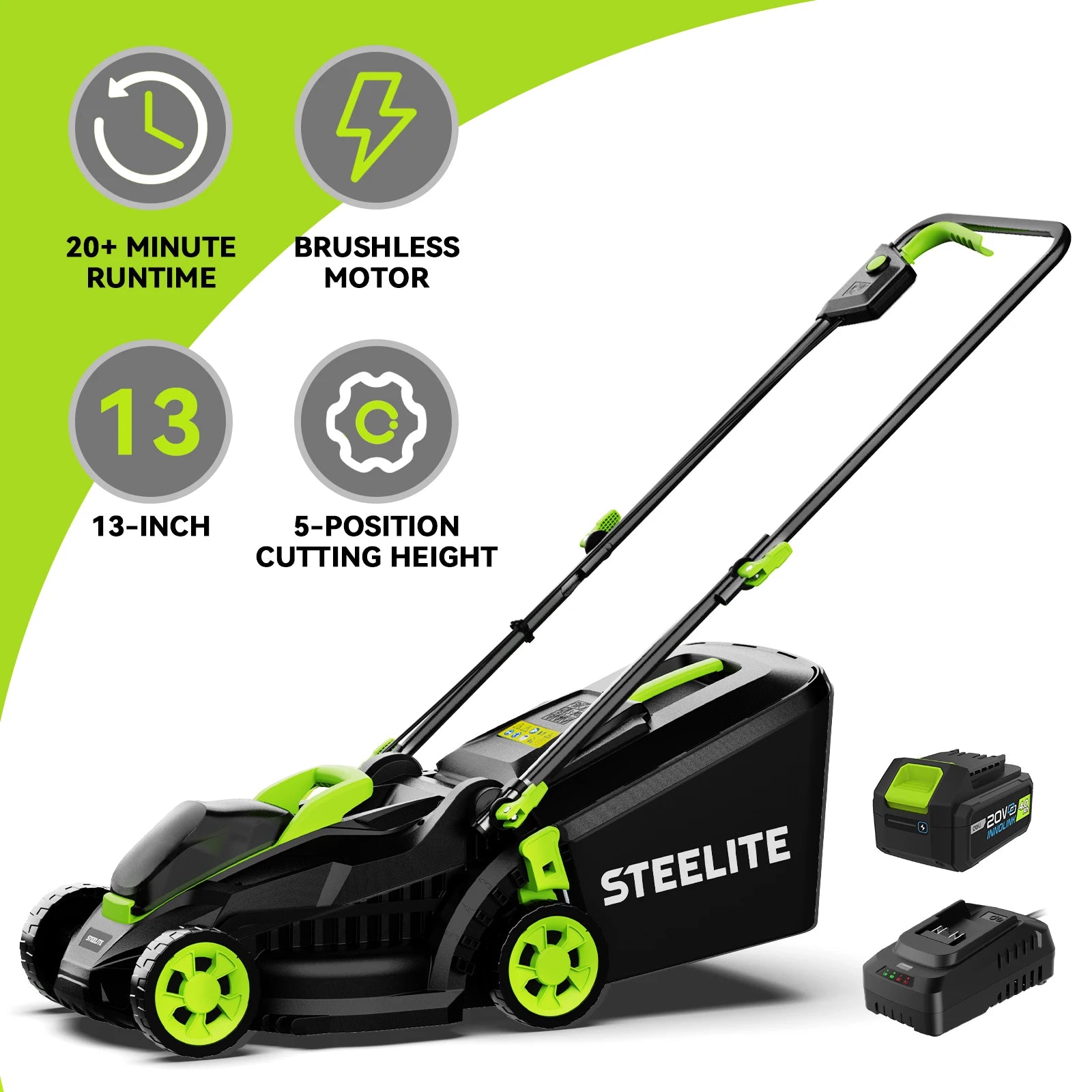 Lawn Mower, 13" Electric Lightweight Cordless Battery/Charger