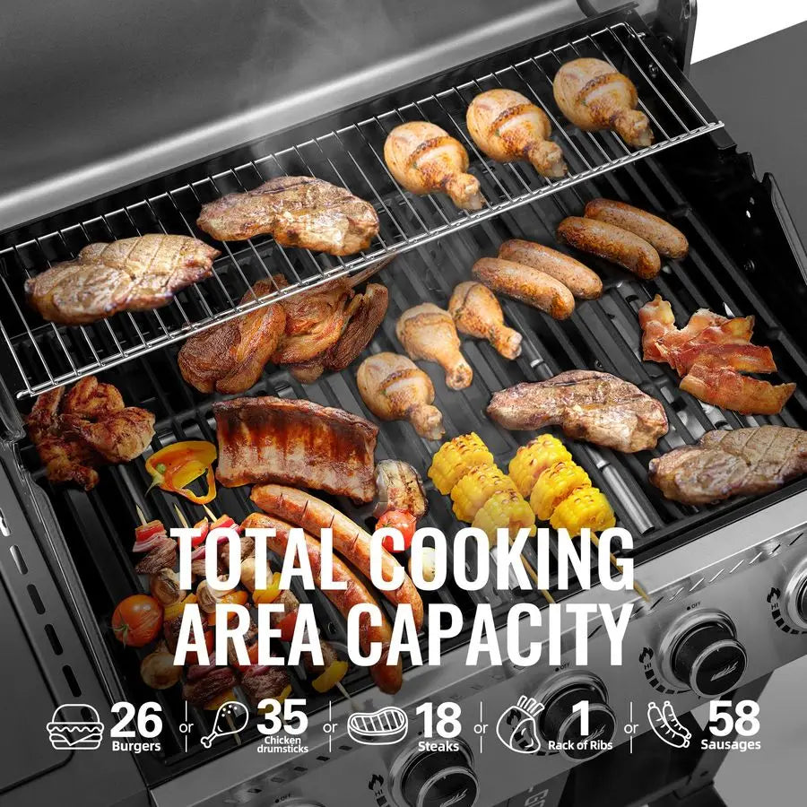 Gas Grill w/ 5-Burner BBQ Porcelain Enameled Cast Iron