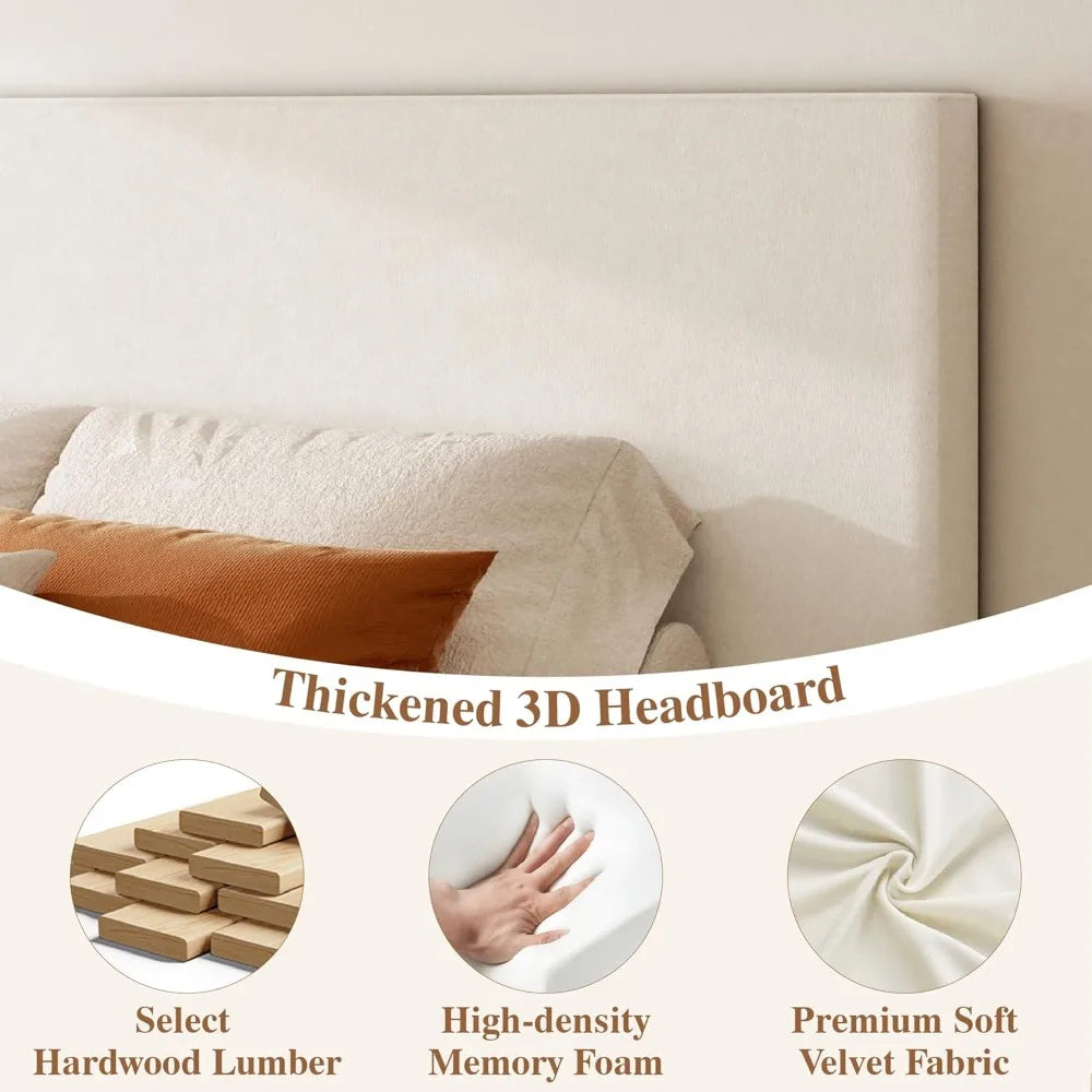 King Size Platform Bed Frame with Headboard, Velvet Grounded Bed with Wood Slats, Heavy Duty Mattress Foundation.