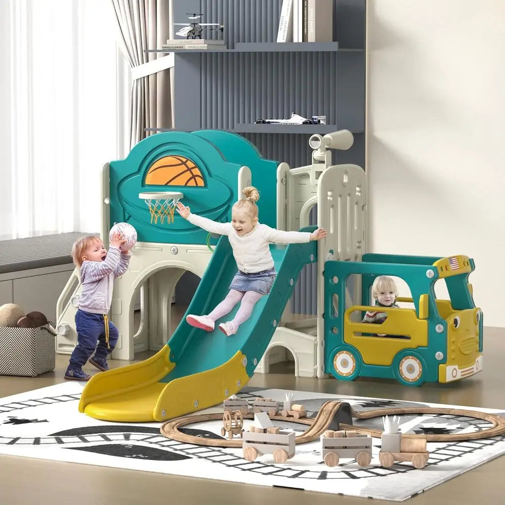 All-in-One Toddler Playground: Bus-Themed Climber with Slide, Basketball, Ring Toss, and Car Playhouse for Indoor & Outdoor Fun