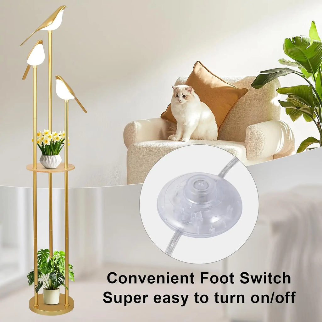 Floor Lamp w/ LED Bird Lights Wood Shelf Gold