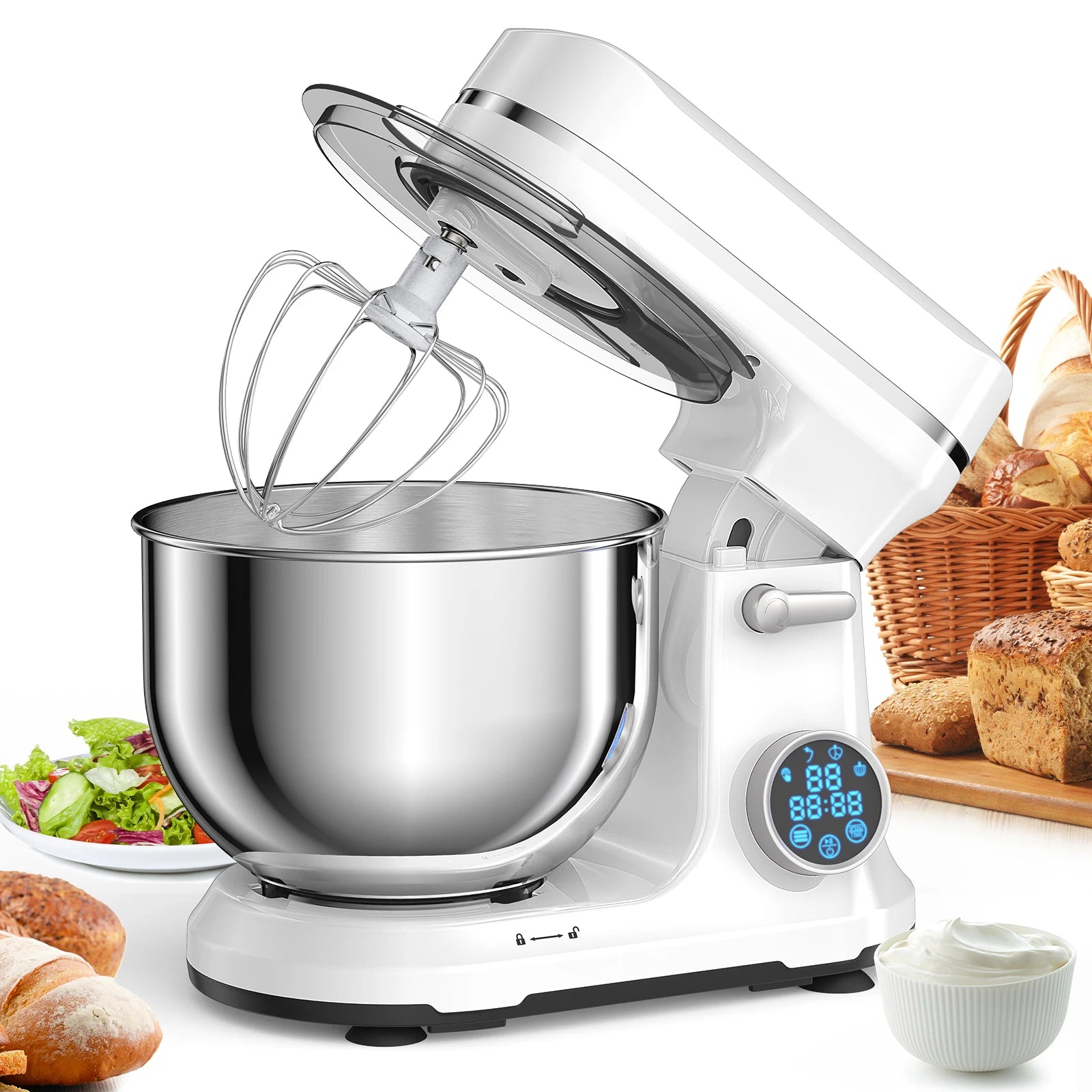 Mixer w/ Stand, Electric 11-Speeds LED Dough Hook, Whisk