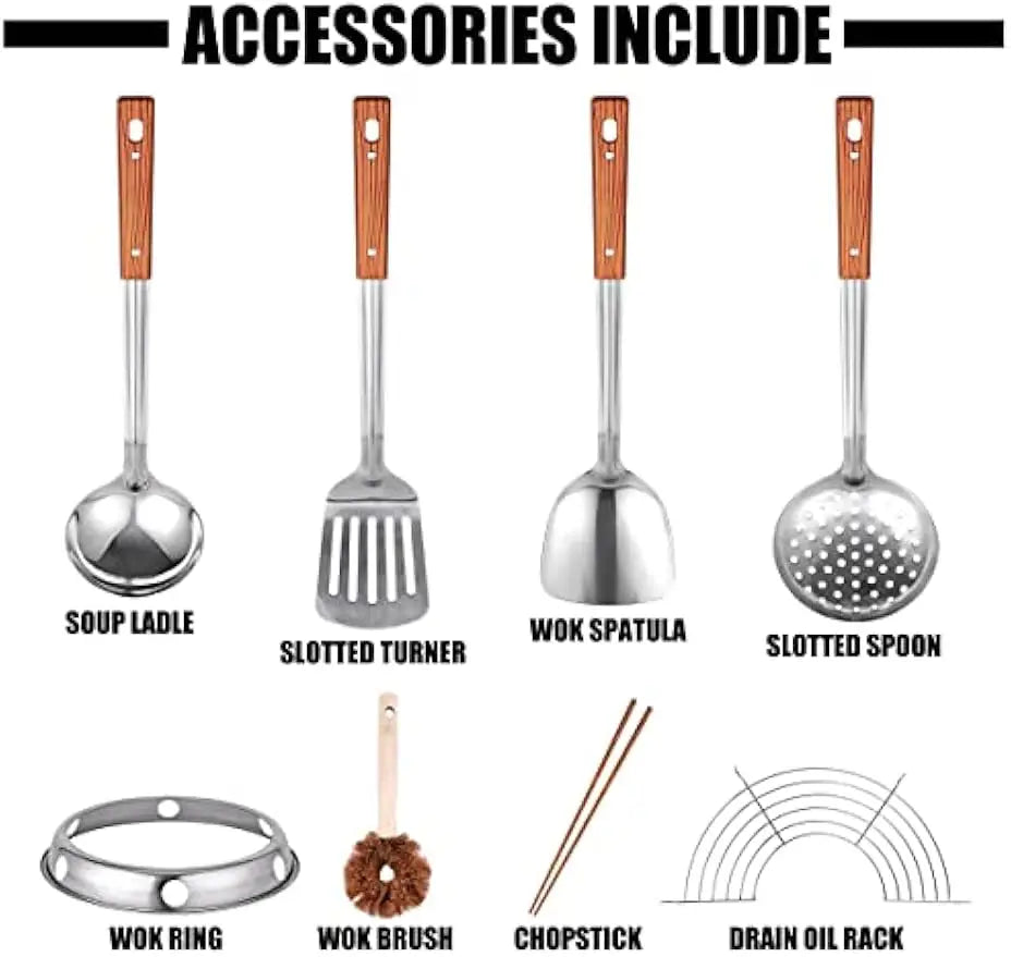 Wok Set w/ 8 Accessories, 13.4" Round Bottom Steel
