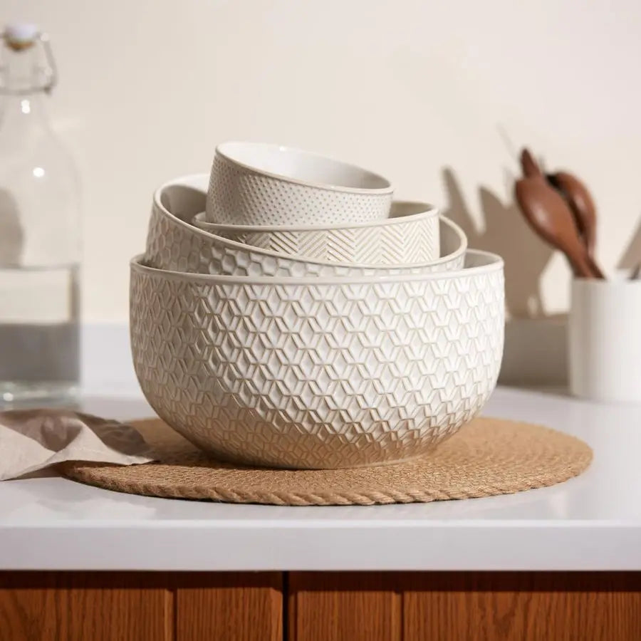 Mixing Bowls, Set of 4, Embossed Ceramic