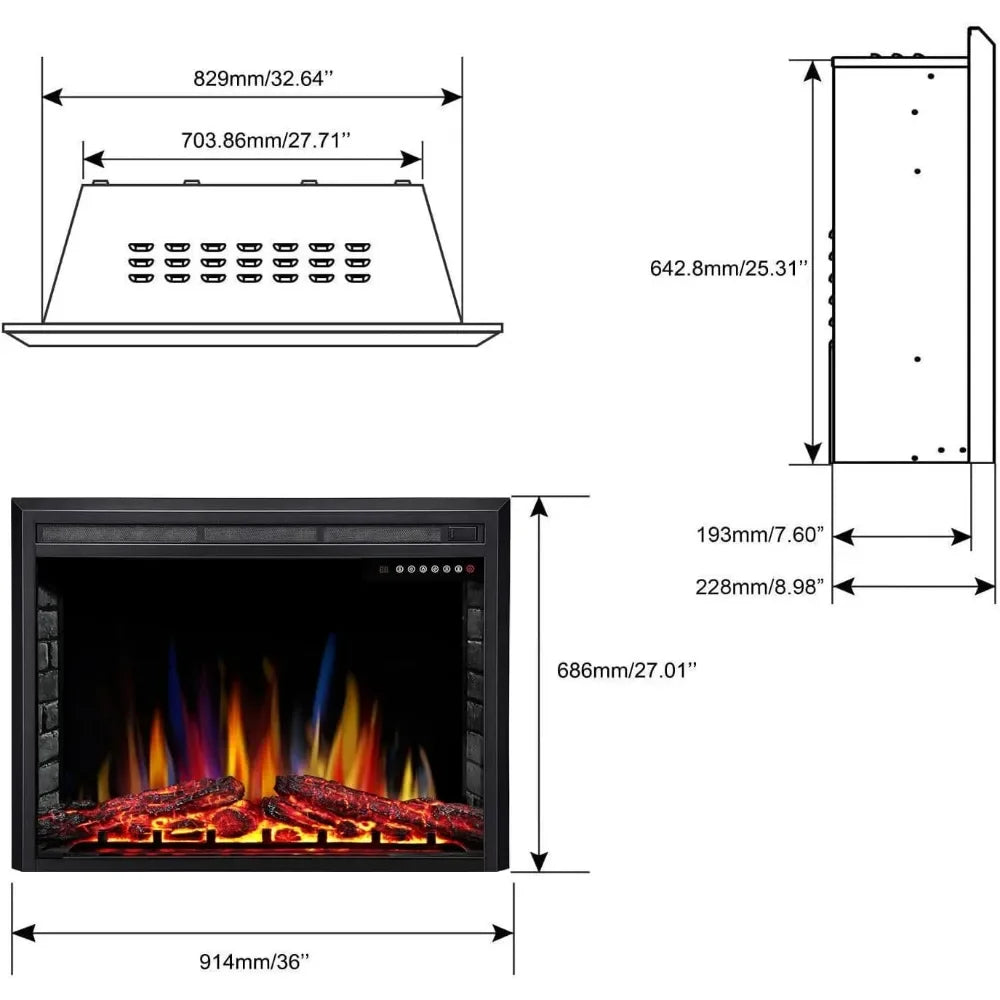 36-inch Electric Fireplace Insert with Recessed Stove Heater, Touchscreen Controls, Remote Operation, Adjustable 750W