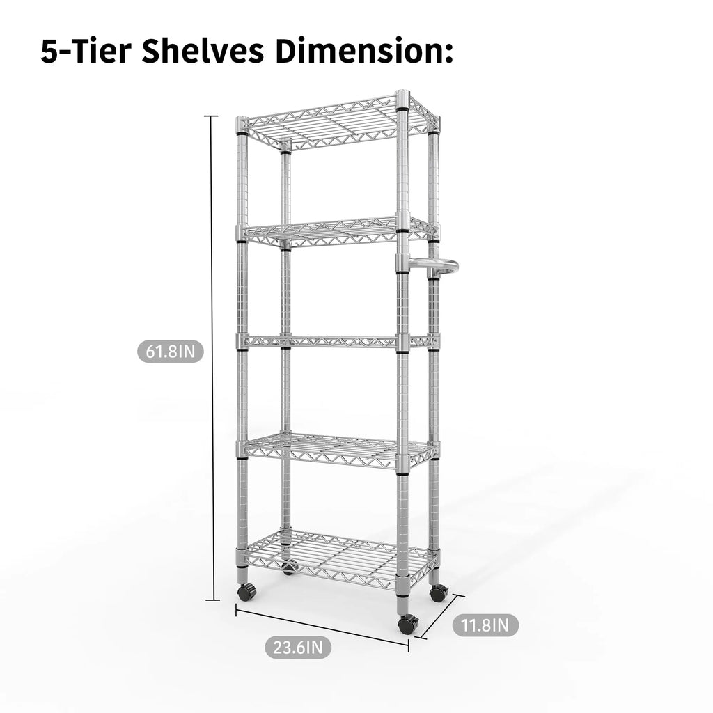 5-Tier Heavy Duty Storage Shelves 1100 LBS Metal Wire Rack Shelving with Lockable Wheels, 61" H Rolling Storage Rack for Kitchen
