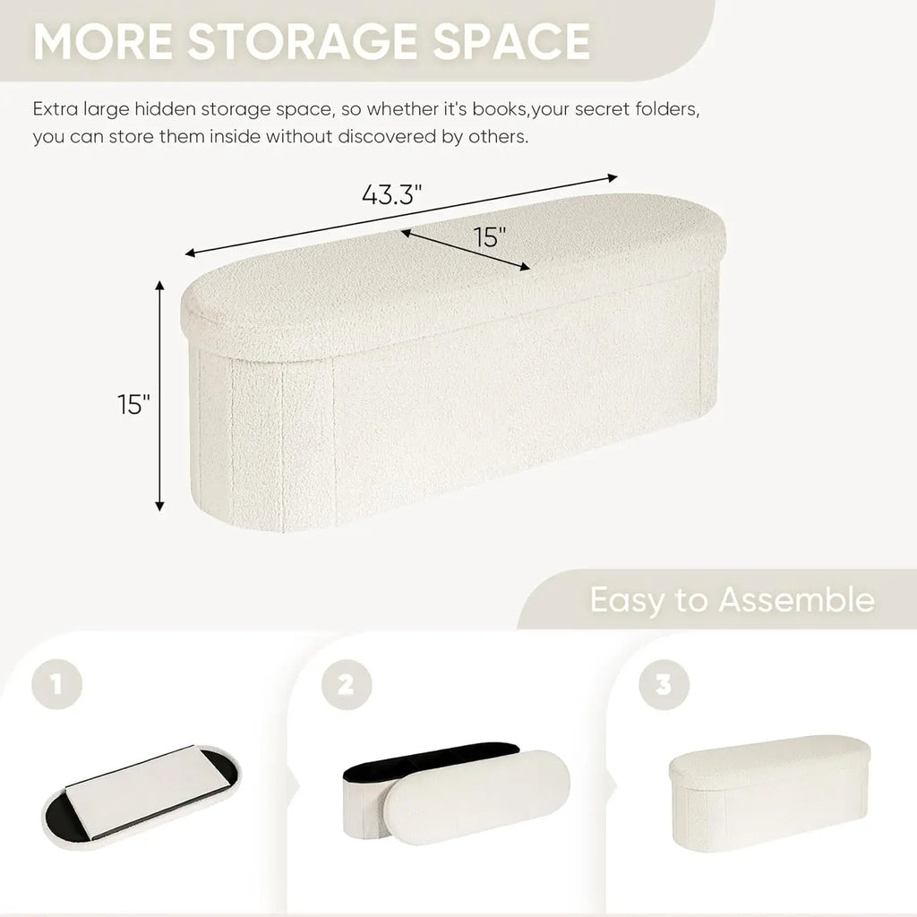 Foldable Storage Ottoman Bench with Sherpa Fabric, 43.3 Inches White Foot Rest for Living Room and Bedroom