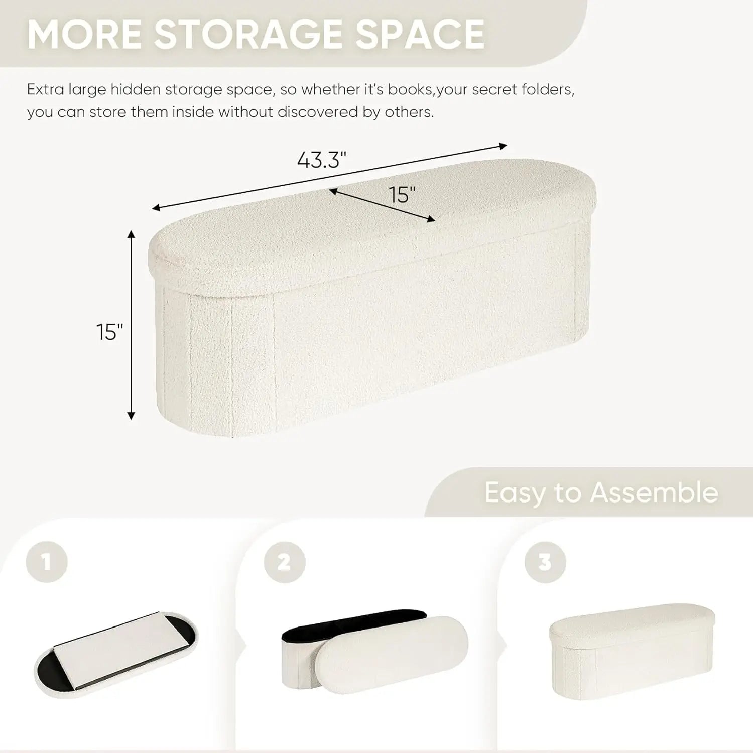 Foldable Storage Ottoman Bench with Sherpa Fabric, 43.3 Inches White Foot Rest for Living Room and Bedroom