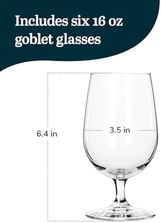 Glasses, Set of 6, 16 oz Clear Stemmed Water Dishwasher Safe