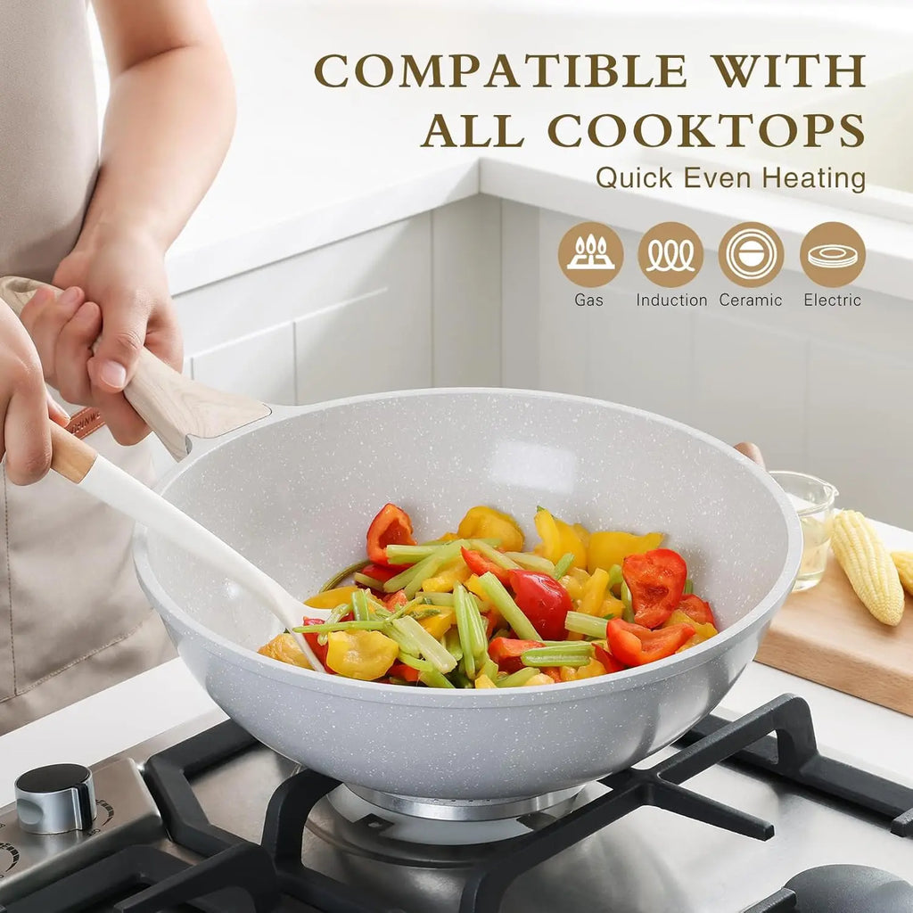 Wok w/ Glass Lid & Utensil, 12-In Non-stick Ceramic Induction Compatible