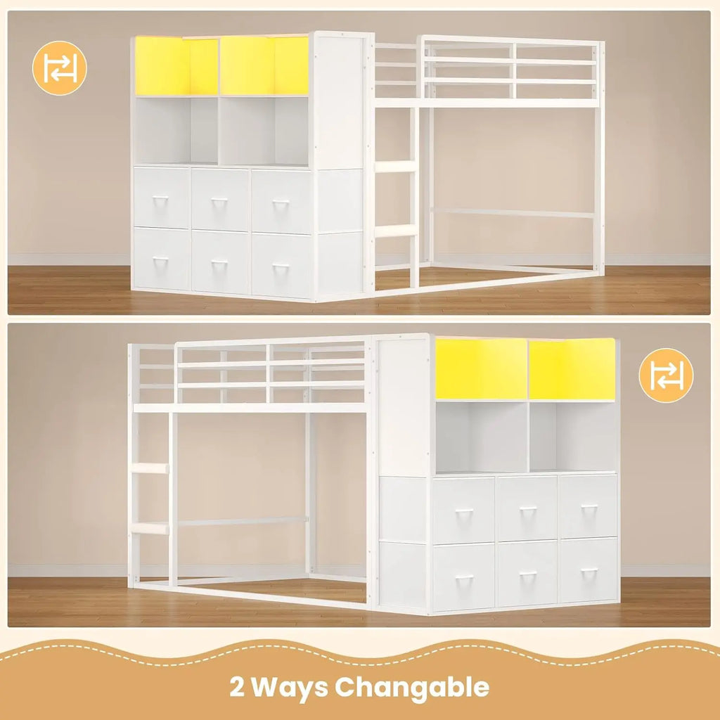 Bunk Bed Twin Over Twin with 6 Large Fabric Drawers & 4 Wooden Storage Bookshelf Organizer, Metal Low Bunk Bed for, Customized