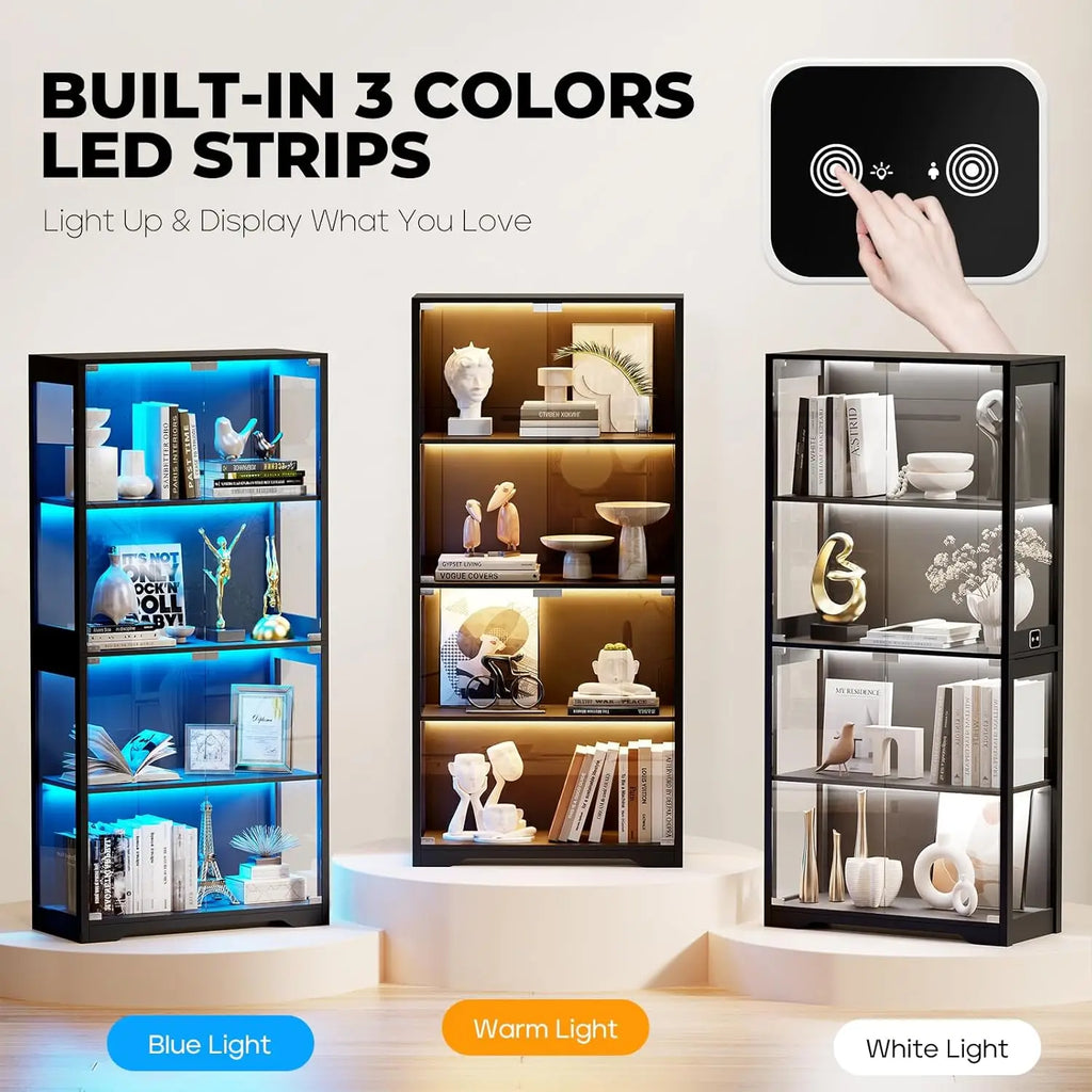 Display Cabinet with Glass Doors, 4-Tier Curio Cabinet with 3 Color Lights for Collectibles, Glass Display Case, Customized