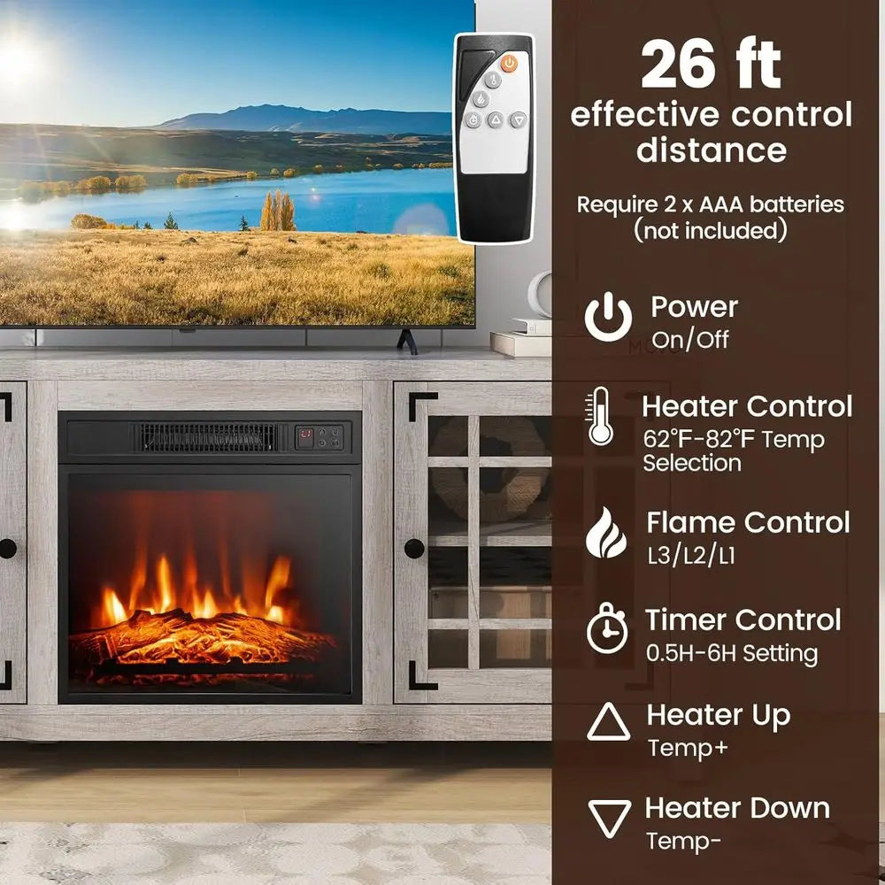 Electric Fireplace Stand with 18 Center, Remote & Thermostat, Adjustable Shelves for Home Entertainment Customized