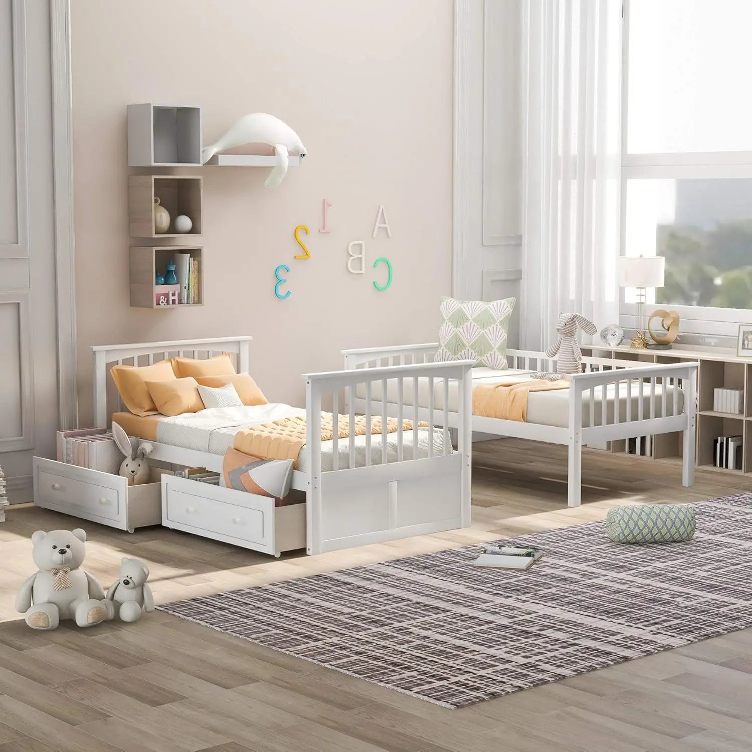 Convertible Twin Bunk Bed with Storage Drawers & Ladder Separates into Two Daybeds Wood Frame White Customized