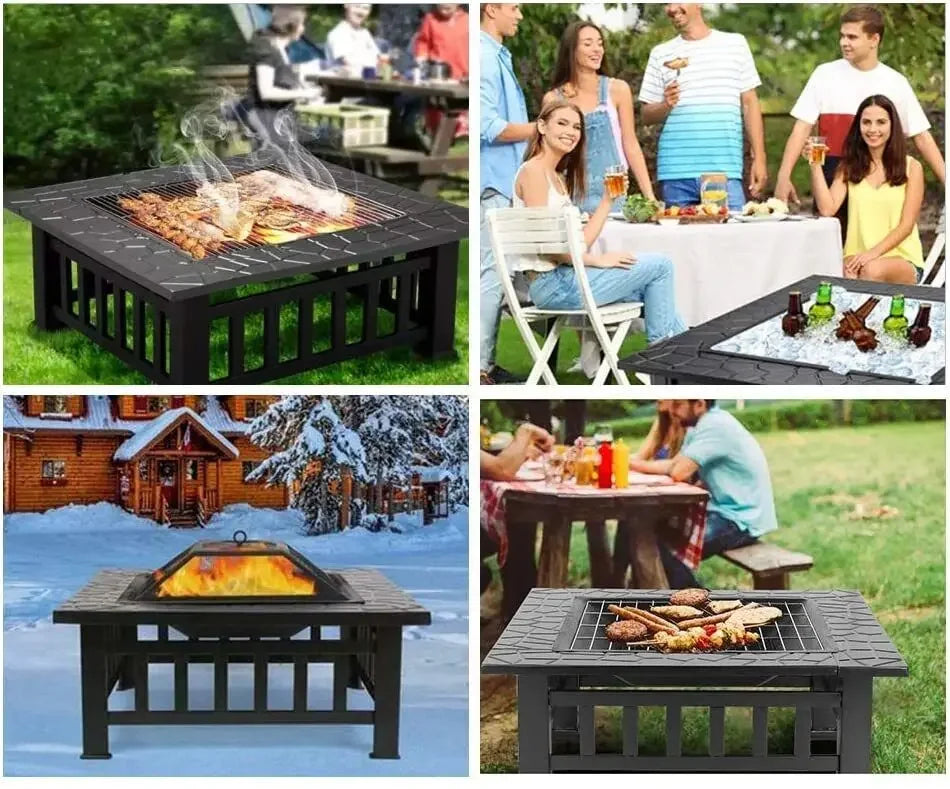 Fire Pit Table 32" Wood Burning Grill w/ Spark Screen Poker