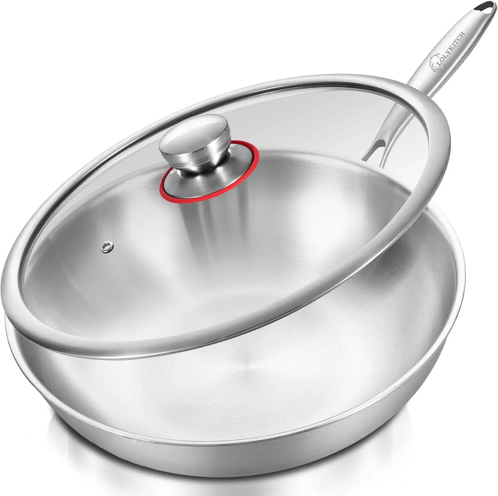 Wok Pan w/ Lid, 13-In Stainless Induction Compatible, Dishwasher & Oven Safe