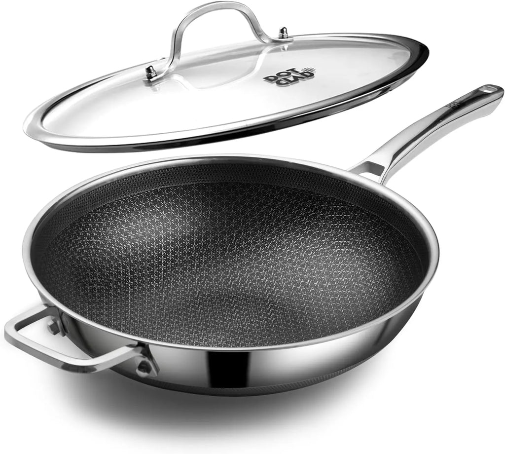 Wok Pan w/ Glass Lid, Non-stick 12 In Stainless Steel Induction Oven Safe Dishwasher Safe