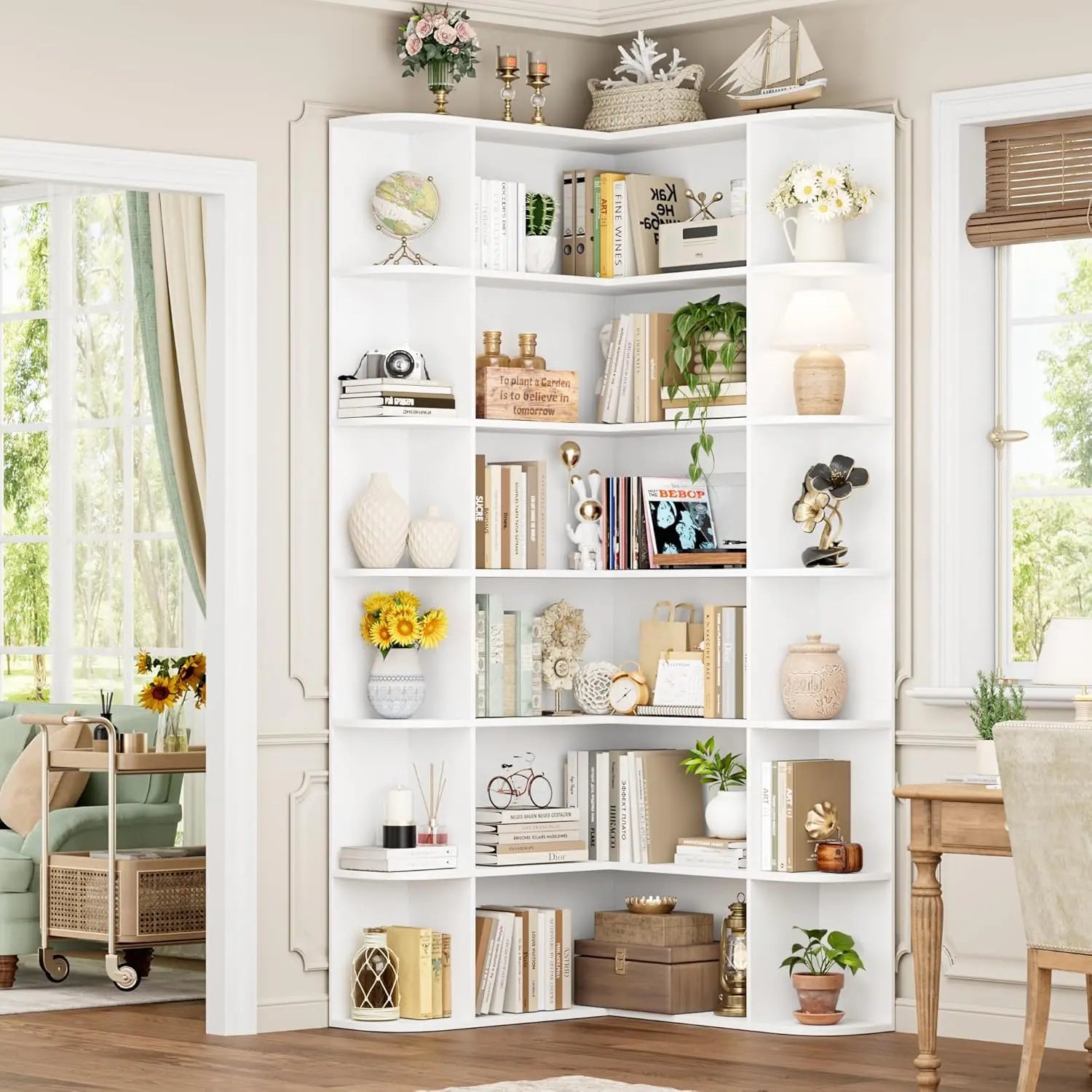 74” Tall Corner Bookshelf, 6-Tier Bookshelf and Bookcase with Open Storage, L Shaped Tall Bookcases Wooden Storage, Customized