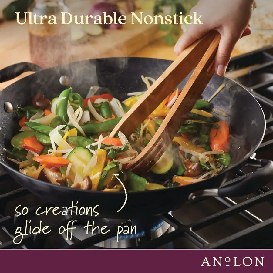 Wok, 14-In Nonstick Flat Bottom Covered Onyx